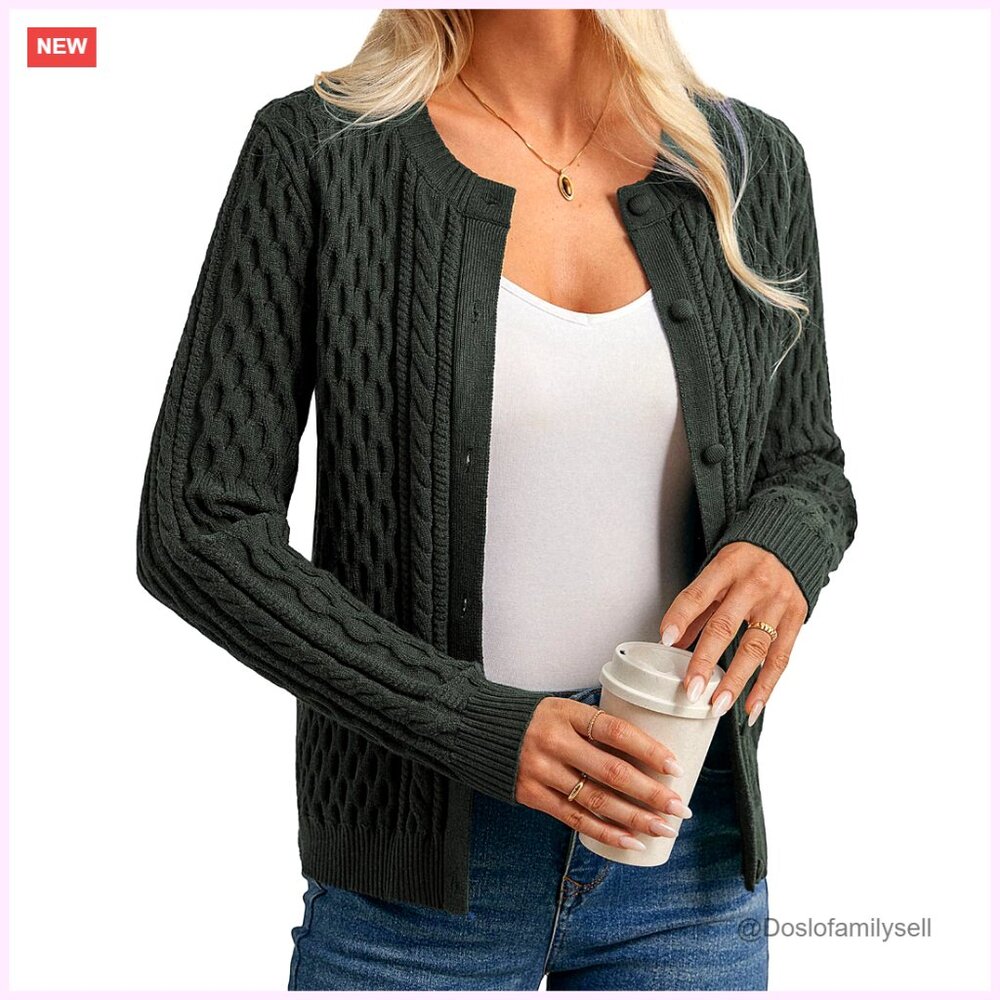 Cable Knit Cardigan Sweater, Recycled Material, Button Front, Casual Long Sleeve